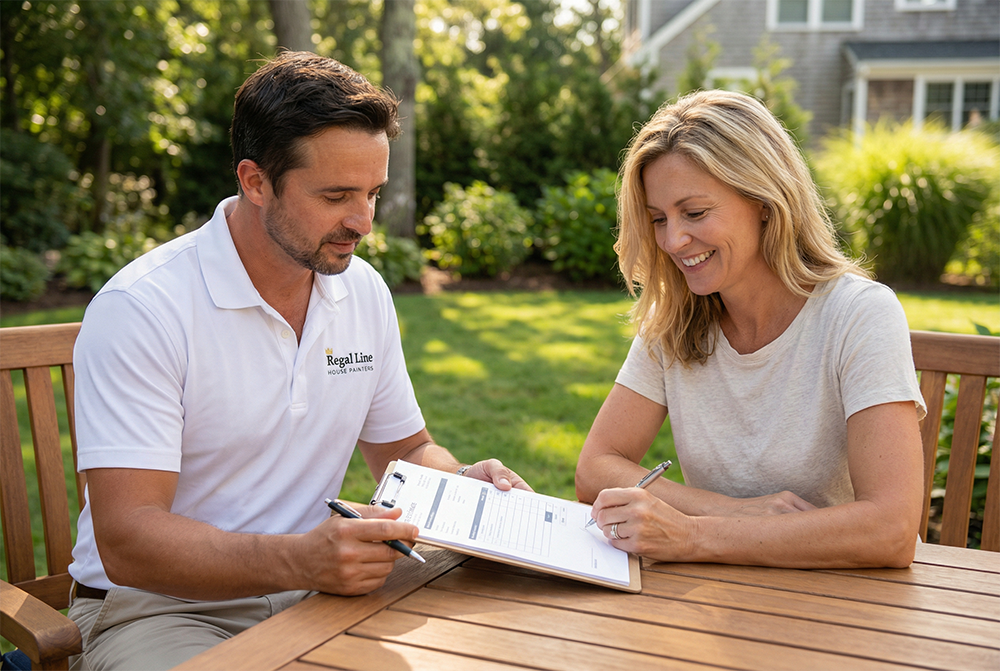 Homeowner reviewing paperwork with a Regal Line representative outdoors in a residential setting