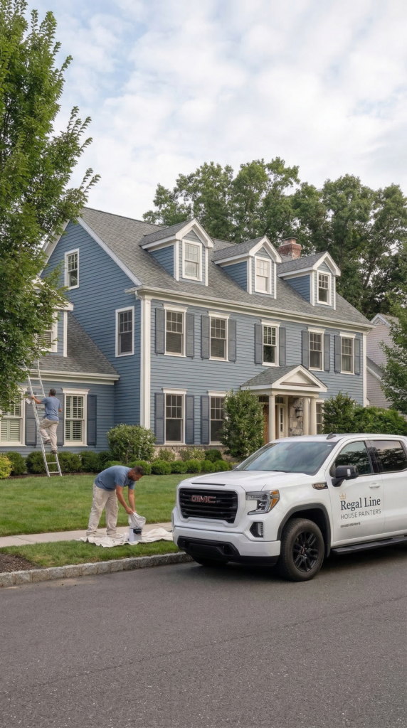 Tight mobile crop of crew setup and branded truck outside an Armonk home