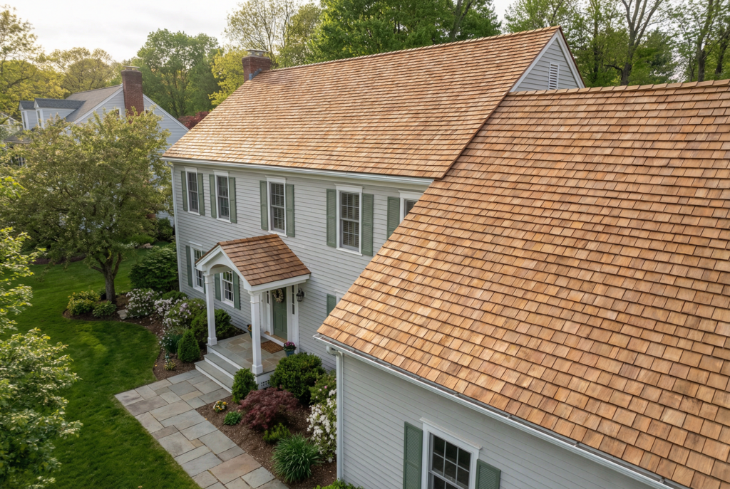 Large residential home with clean cedar roof surfaces viewed from an elevated angle