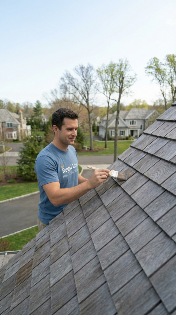 Technician applying treatment to cedar roof shingles on a Westport home