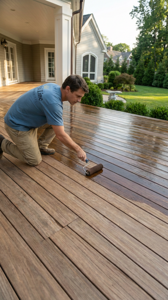 Technician applying stain across a wood deck on a Norwalk property