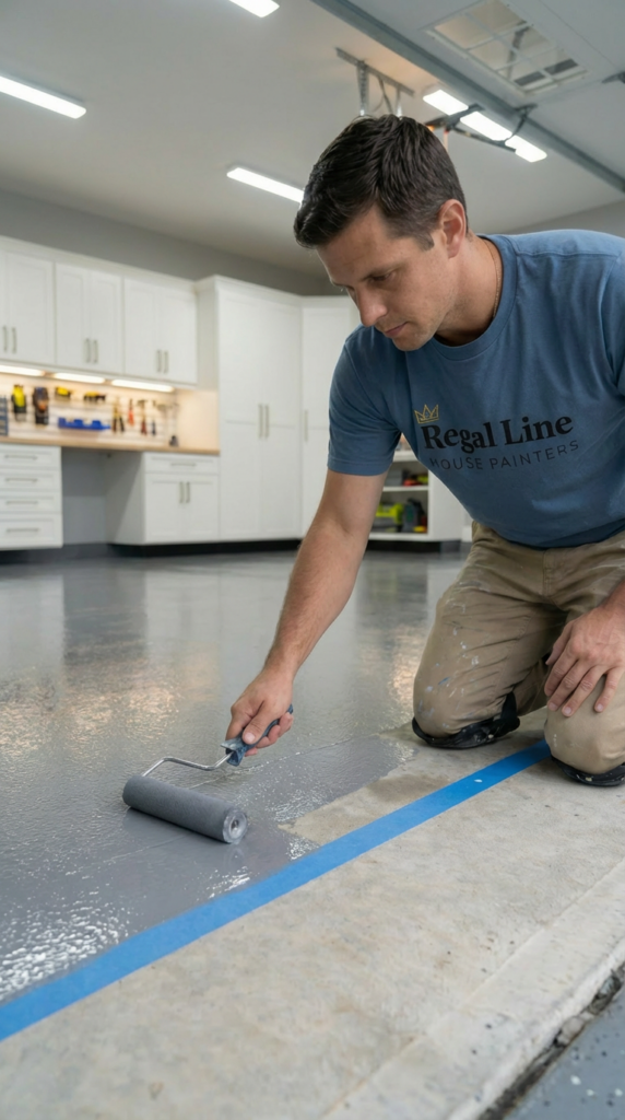 Installer applying epoxy coating on a concrete floor in a Westchester County garage