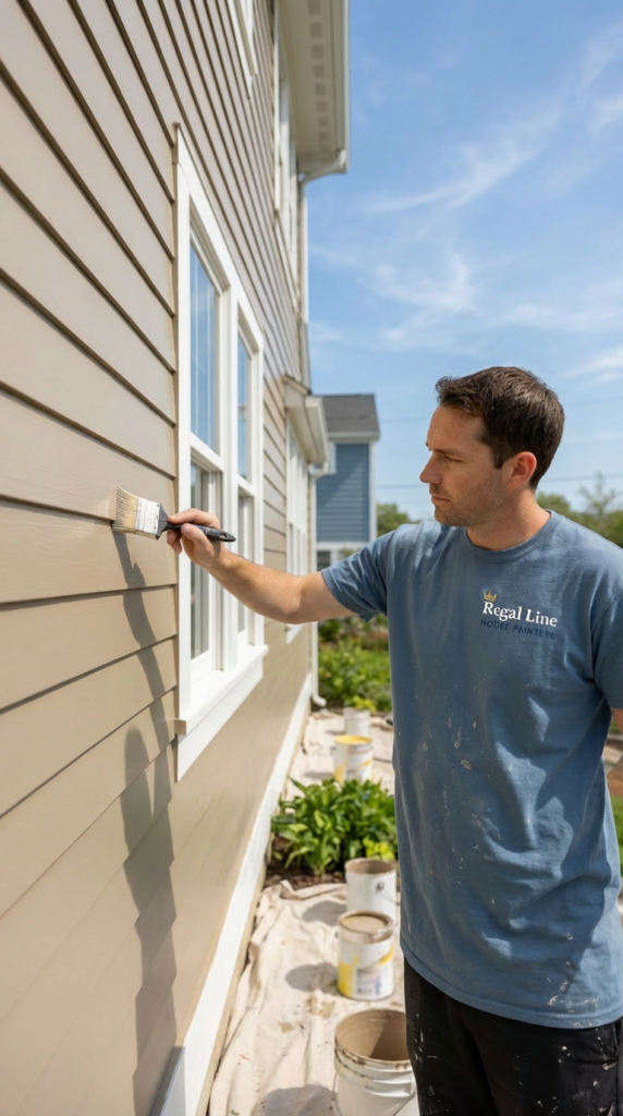 Painter applying exterior coating to siding on a Westchester County home