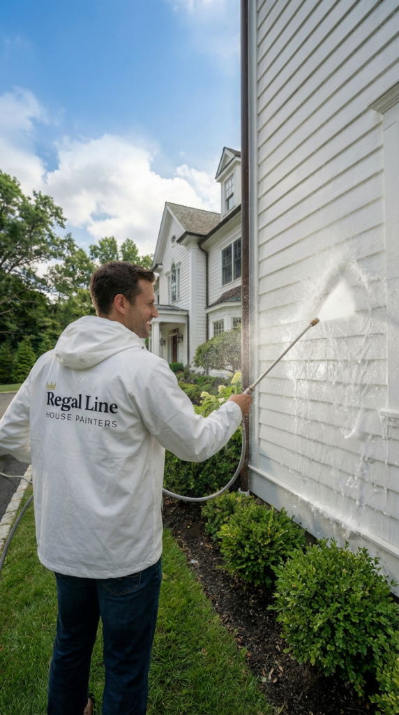 Technician power washing exterior siding on a Fairfield County home